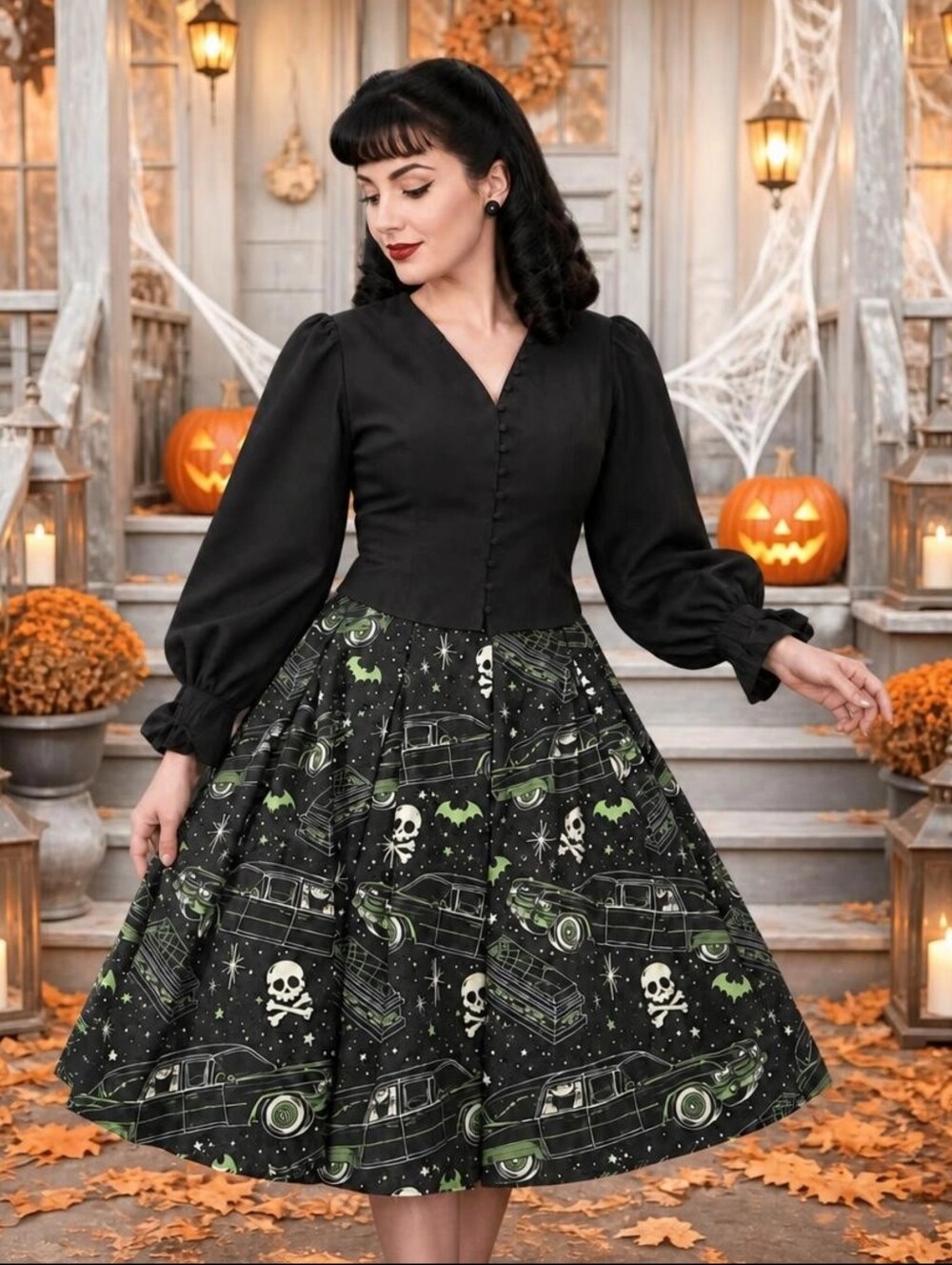 Fashion Nova x Cardi B Blouse & ArtsCow Spooky Halloween Circle Skirt Set L